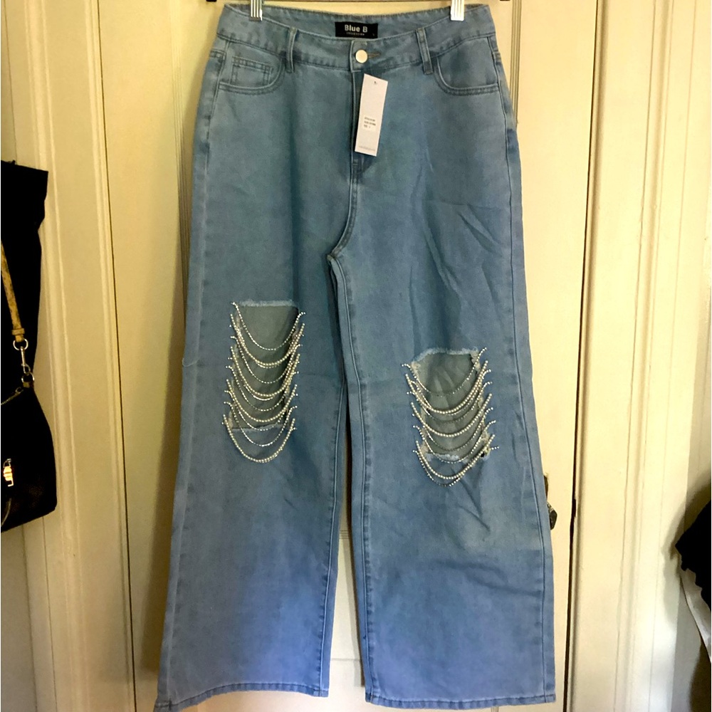Embellished rhinestone and pearl wide leg jeans by Blue B